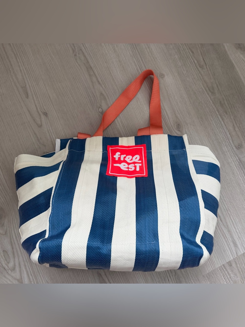 Free People Blue and White Striped Tote with Orange Handles